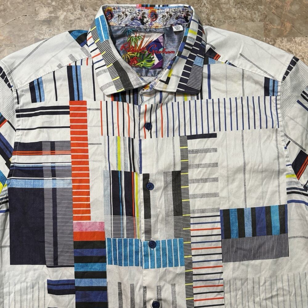 Robert Graham Shirt Mens 2XL White Colorful Abstract Short Sleeve Button